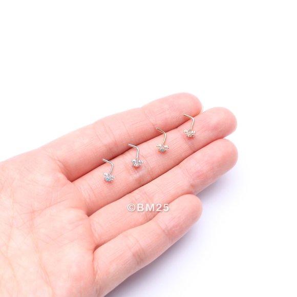 14 Karat White Gold Fire Opal Multi-Gem Sparkle Flower Top L-Shaped Nose Ring - Picture 3 of 5